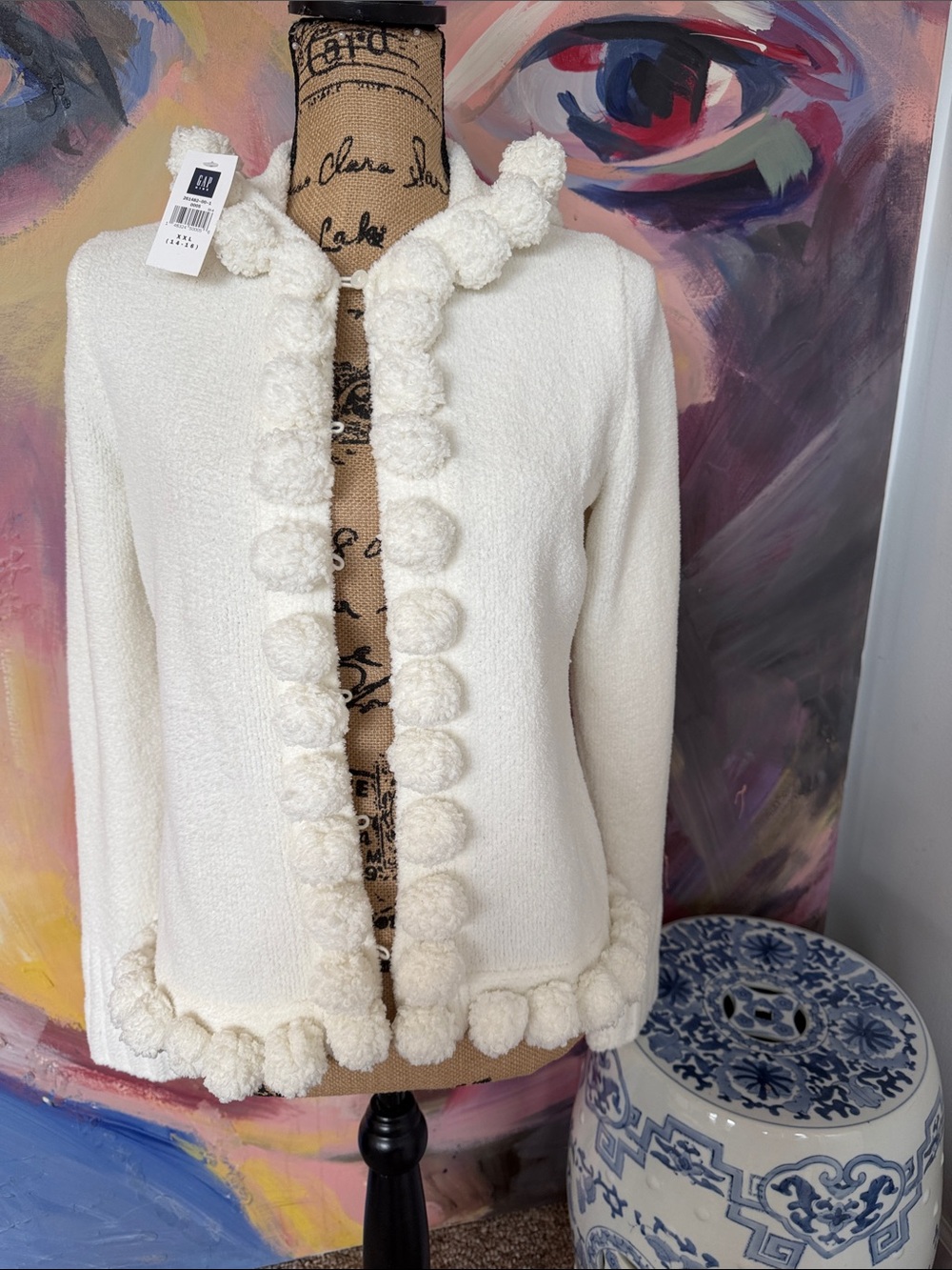 GAP Girl’s XXL Cream Bouclé Hooded Jacket with Pom Trim